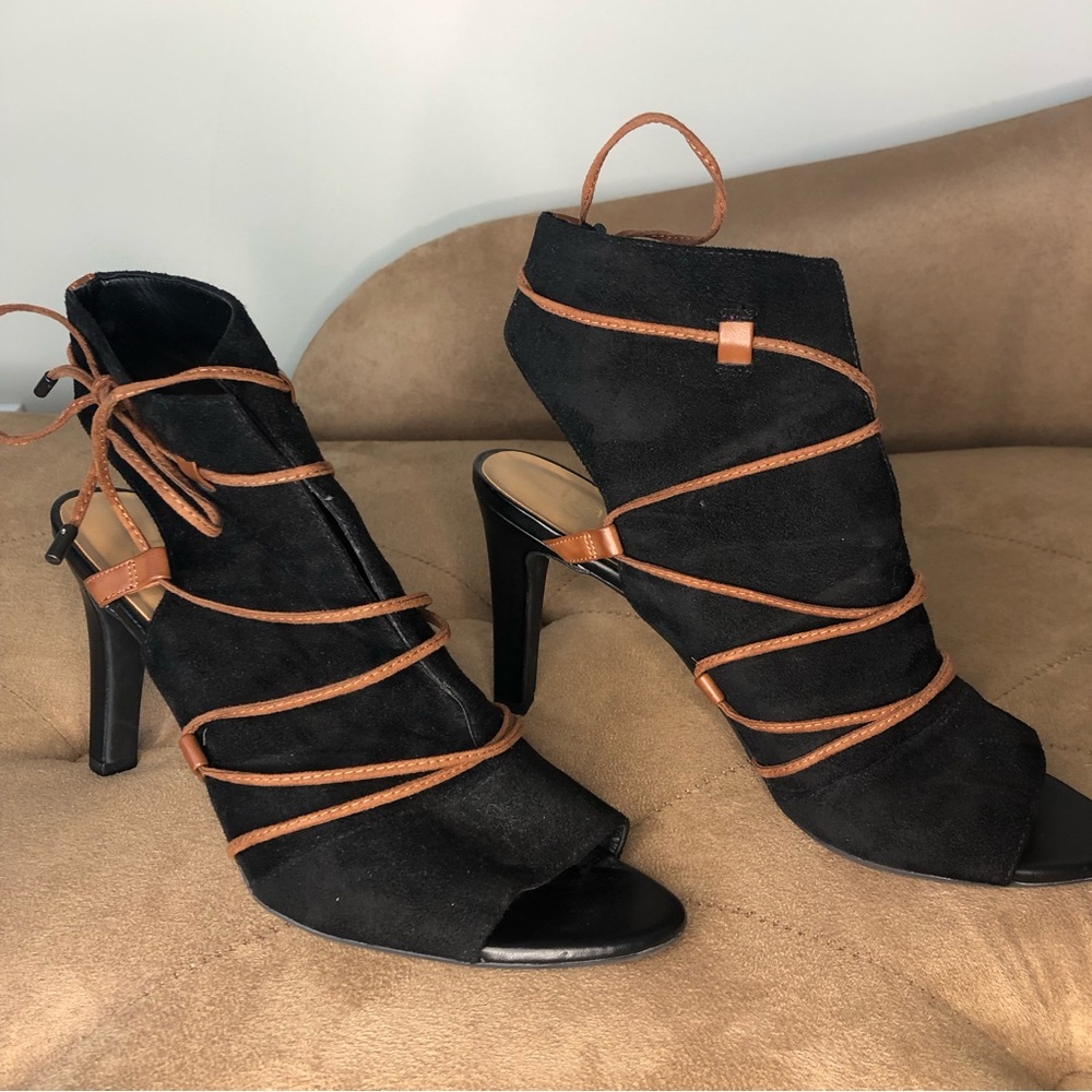 Franco Sarto Suede Open Toe and Heel Lace Up Shoes